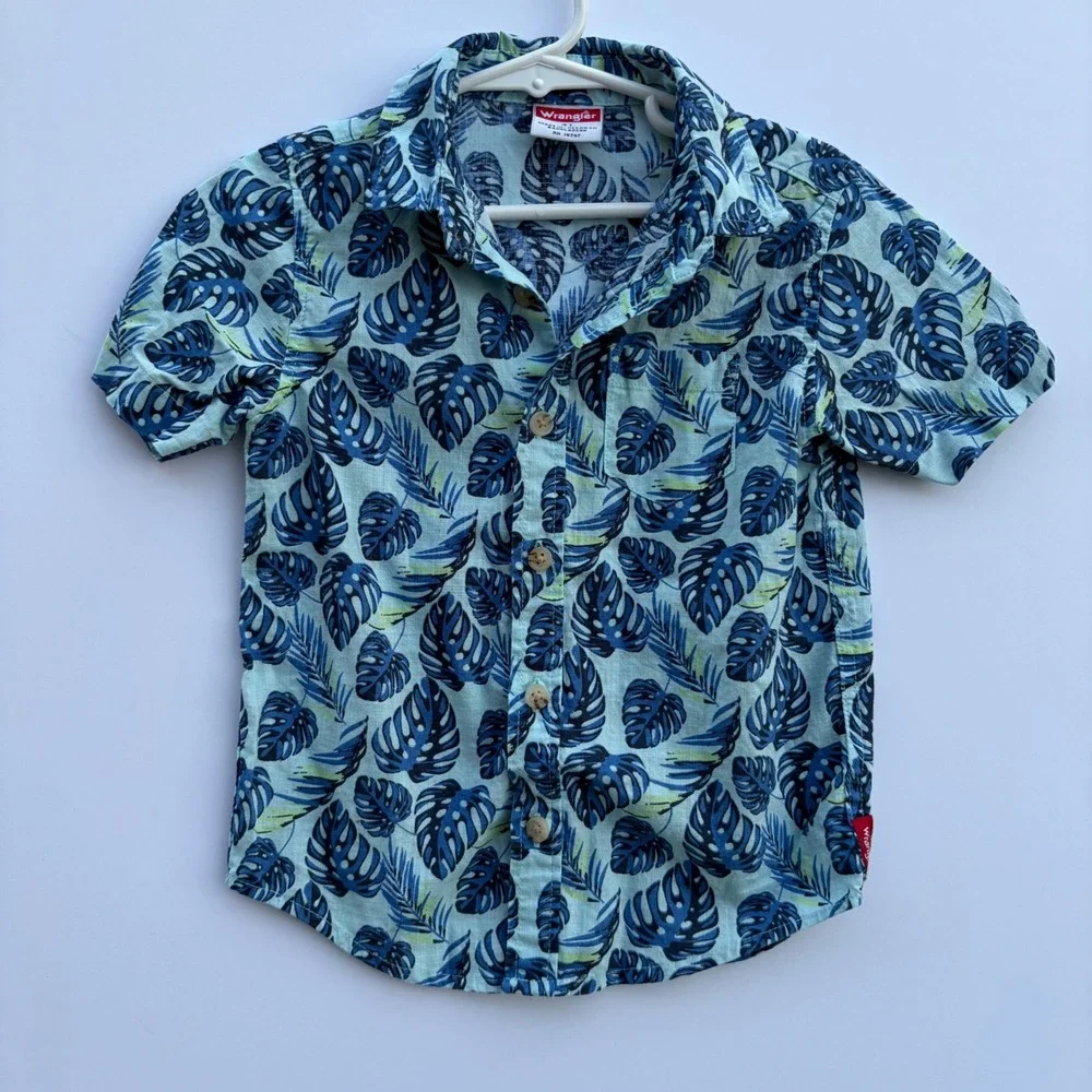 Wrangler Boys 4T Tropical Monstera Leaf Button Down Shirt Blue Green W25S2385THA